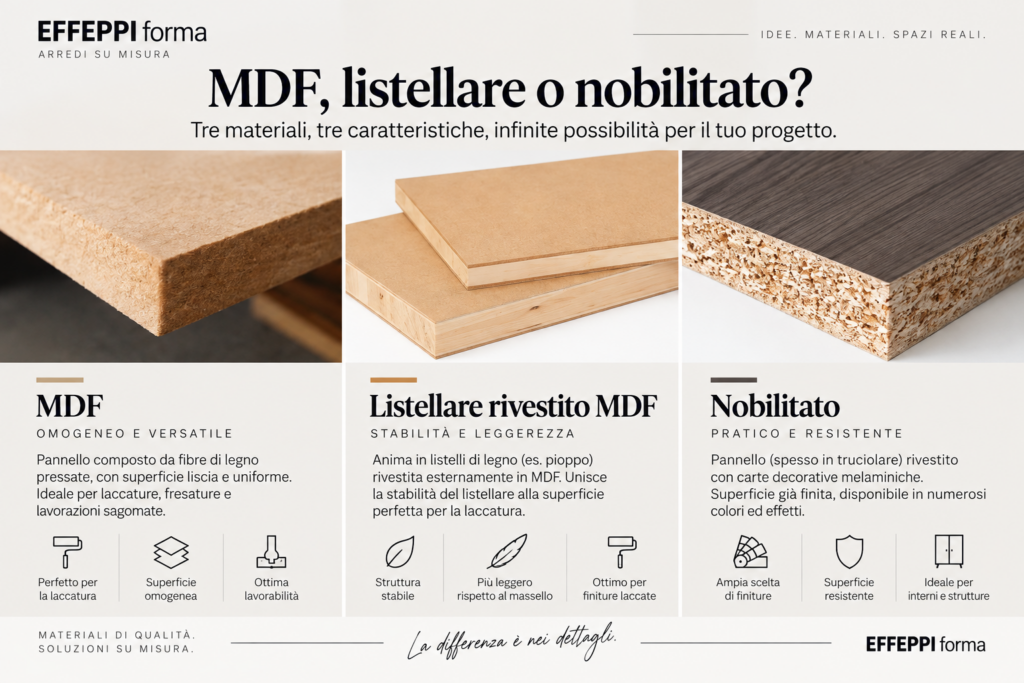 MDF, listellare o nobilitato? Come scegliere il materiale giusto per un mobile su misura 1 MDF, listellare o nobilitato? Come scegliere il materiale giusto per un mobile su misura